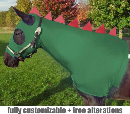 Horse costume dragon shown in hunter green with red spikes