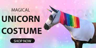 horse wearing a unicorn costume