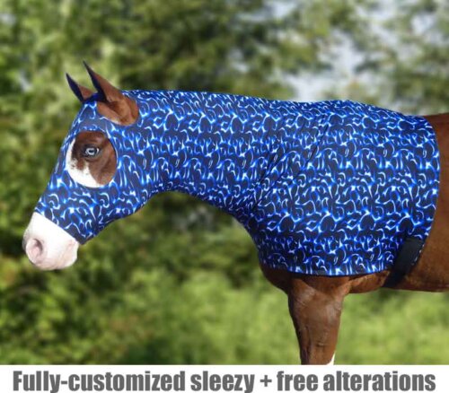 horse sleazy hood shown in blue flames print