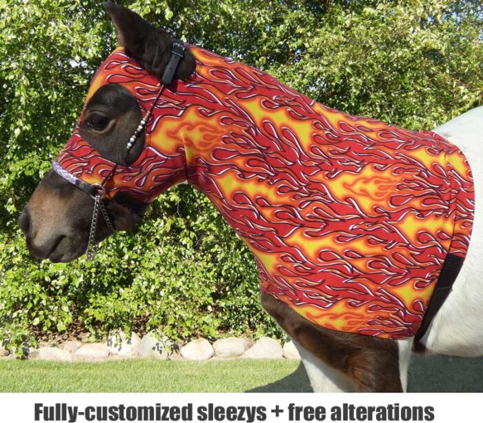 miniature horse lycra sleezy hood in a red hot flame pattern