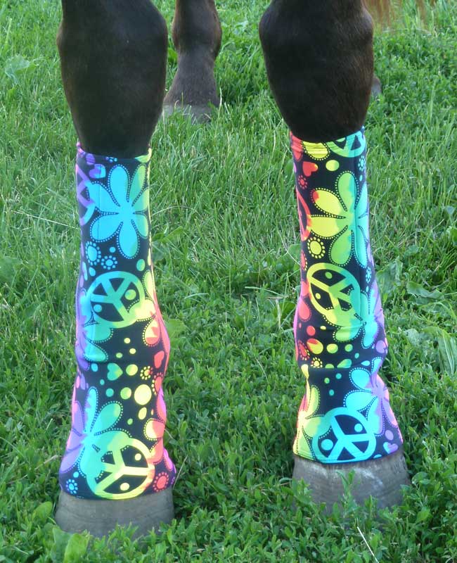 horse fast leg wraps, front view, in a hippie print