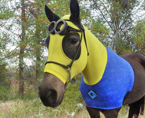 horse costume minion with goggles and gru chest logo